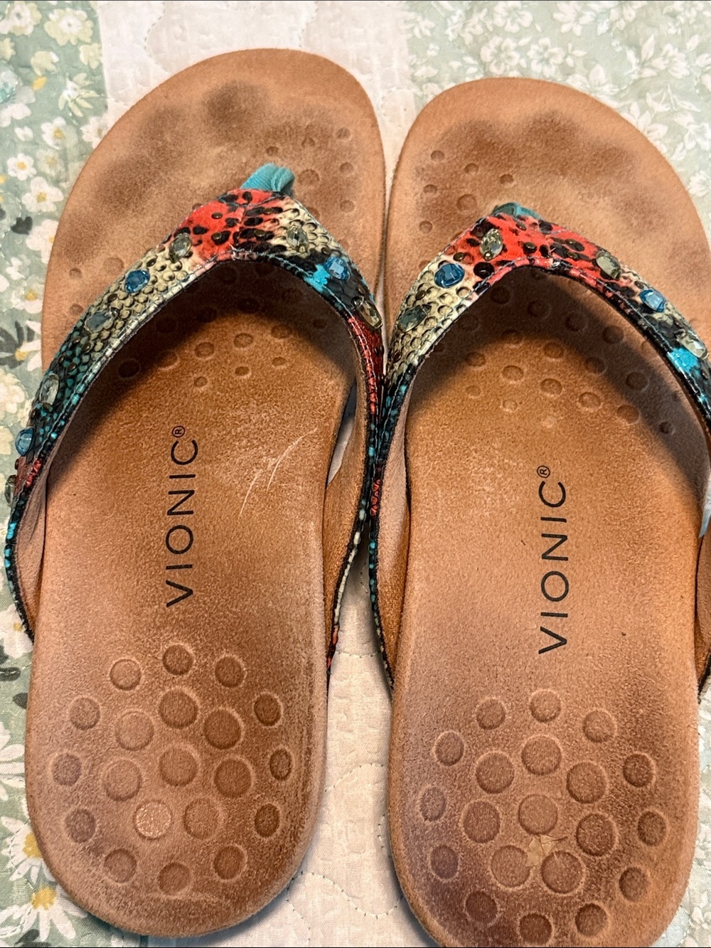 Vionic Multicolor Snake-Print Thong Sandals with Turquoise Accents